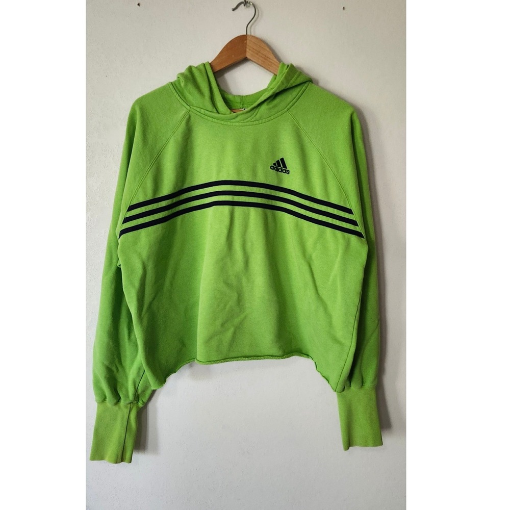 Adidas Lime Green Cropped Hoodie Y2K Streetwear Pullover Navy Stripes Size XL